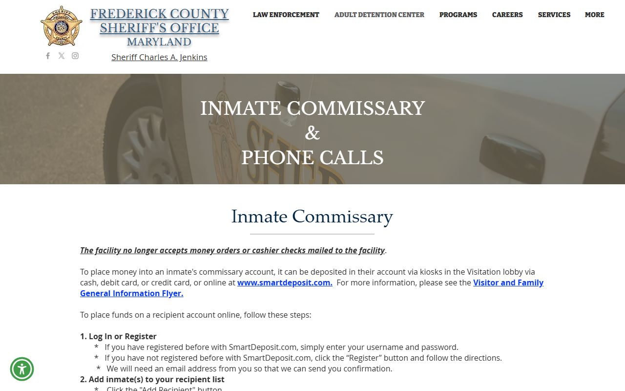 Frederick County Work Release Center inmate commissary phone and deposit rules