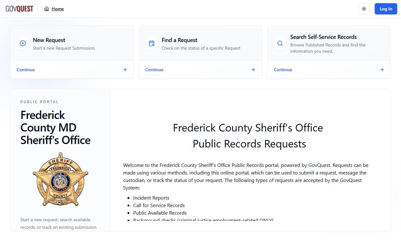 Frederick County booking photo request GovQuest public records portal