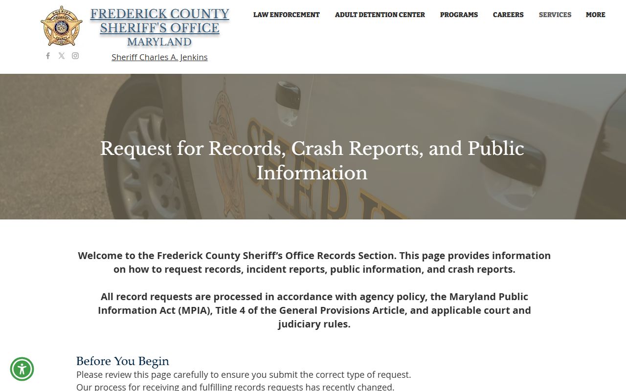 Frederick County Work Release Center inmate records request page