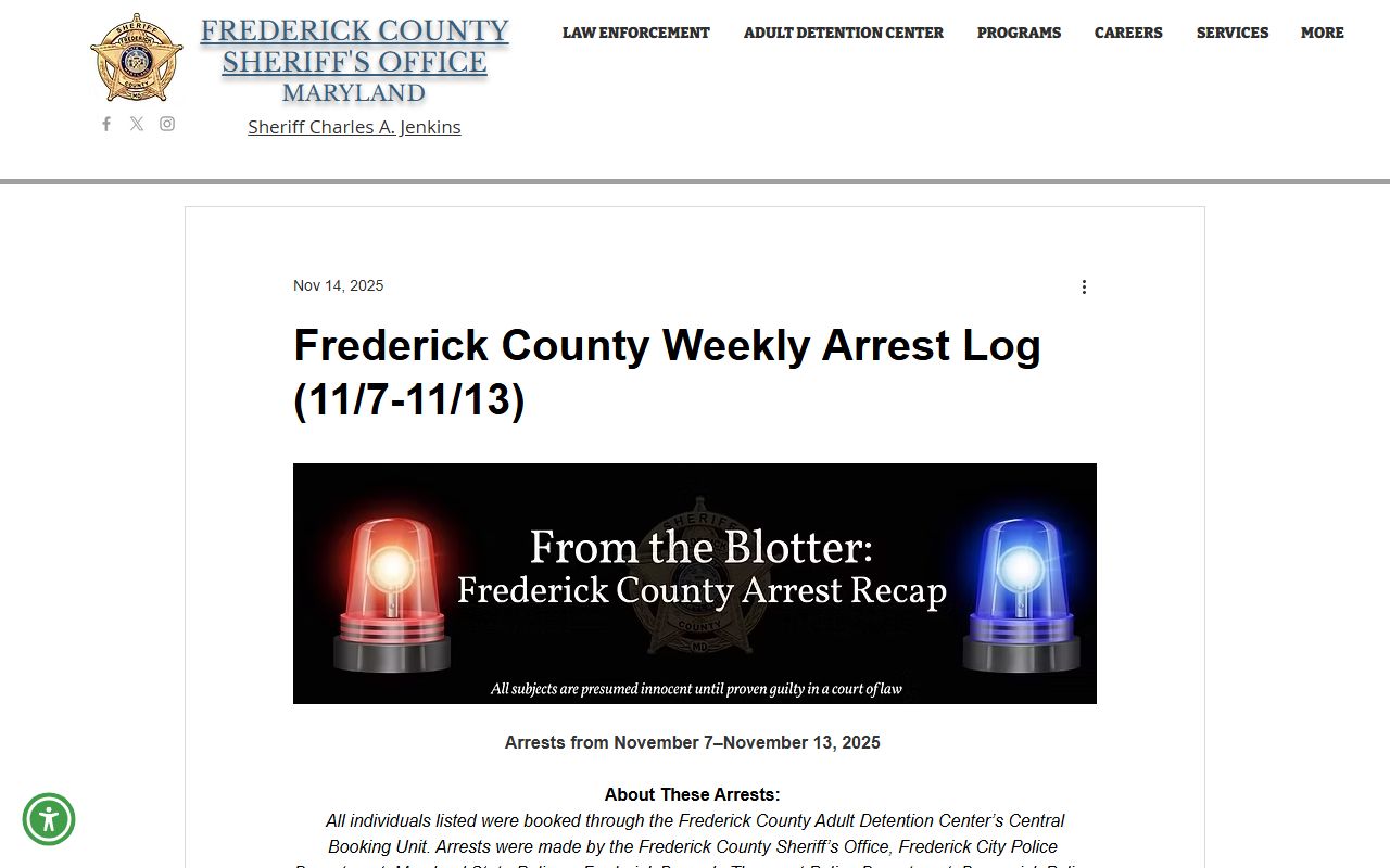 Frederick County jail mugshots weekly arrest log without booking photos