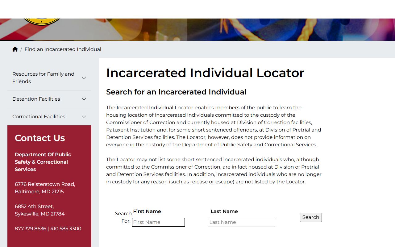 Frederick County state inmate search through Maryland DPSCS locator